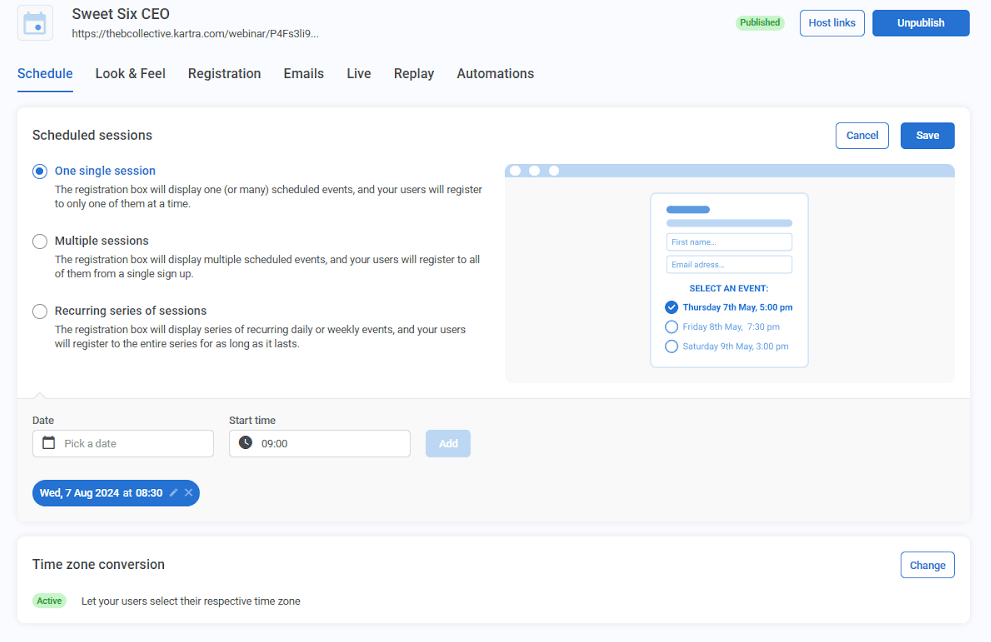 Kartra webinar scheduling feature