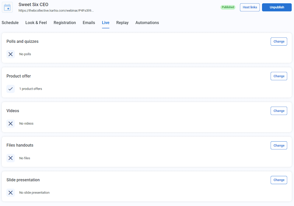 Kartra webinar live settings
